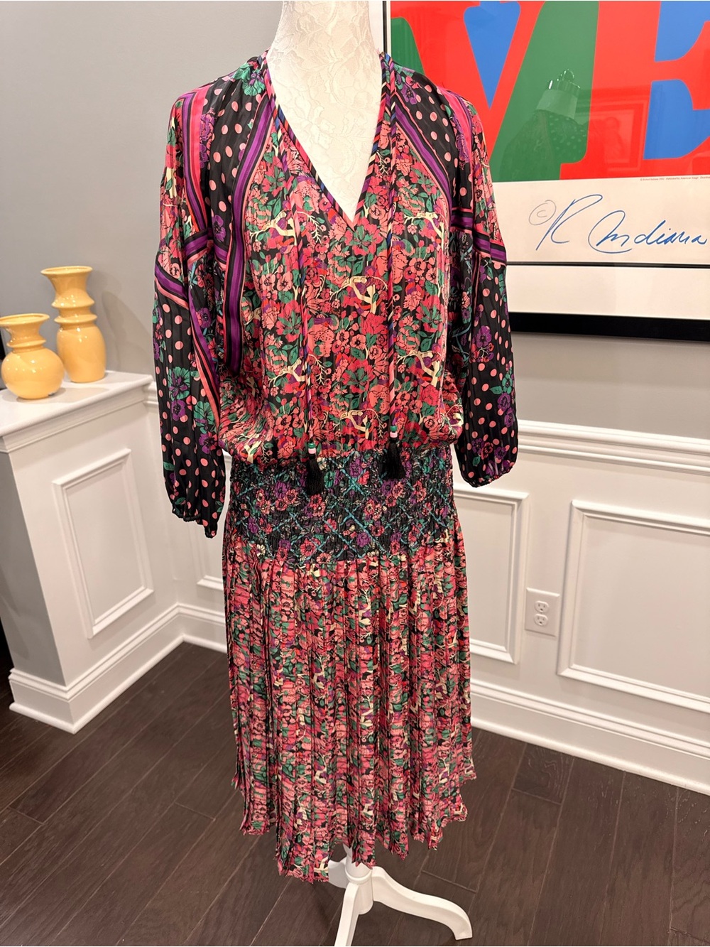 Vtg 80s Diane Freis Floral Accordion Pleat Smocked Georgette Maxi Dress